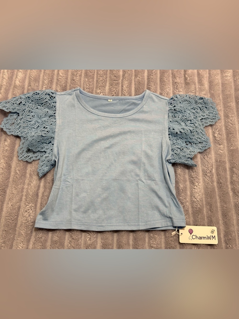 CharmWM Light Blue Top with Lace Sleeves — Size 130, New with Tags